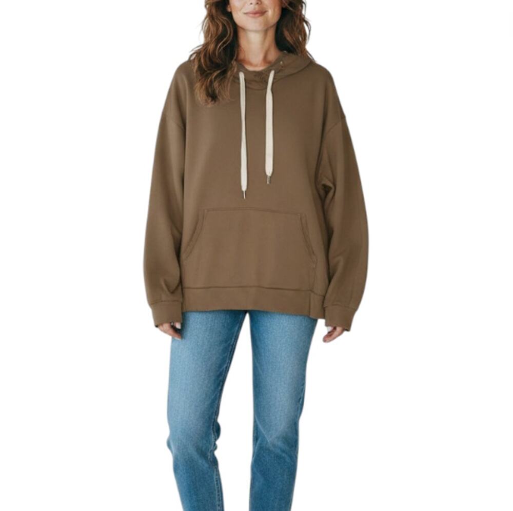 NSF Distressed Terry Hoodie Sz L Brown Oversize Chunky Cozy Boho Trendy Made USA